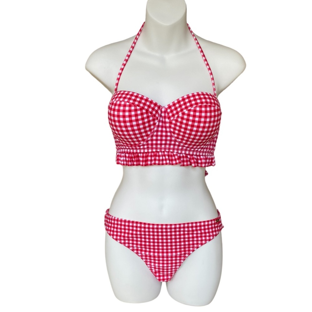Stylish Fashion USA Red Gingham 2 Piece Ruffled Underwire Top Sz Medium Bikini